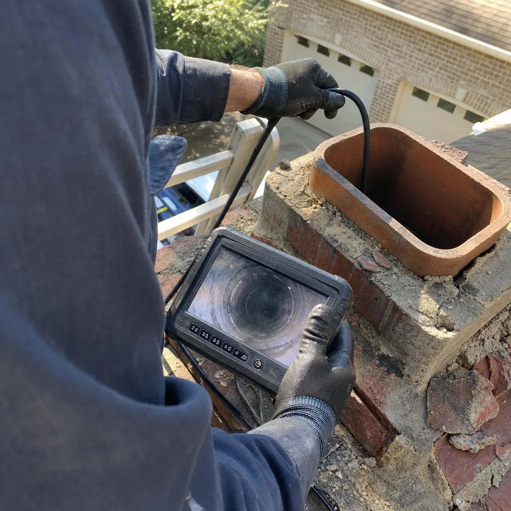 Professional technician performing a video inspection of a residential chimney flue.