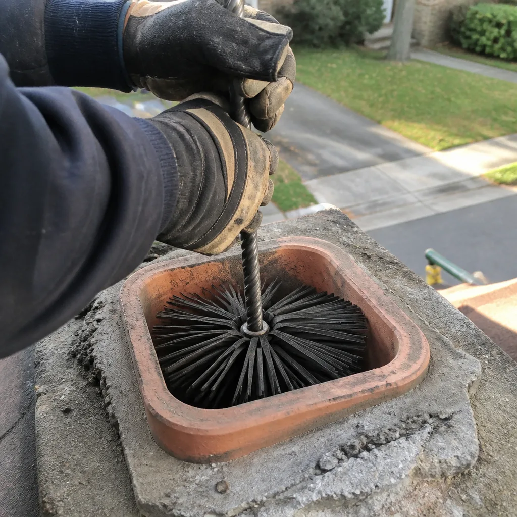 Professional chimney sweep using a chimney brush for flue maintenance
