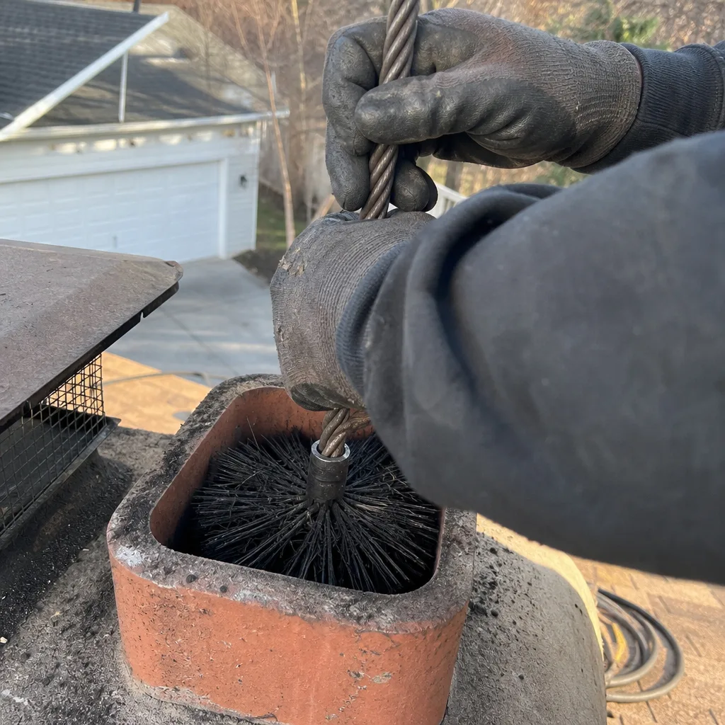 Professional chimney sweep cleaning a brick chimney flue with a brush