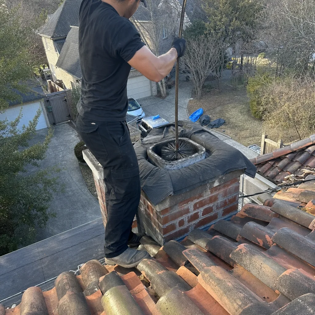 Professional chimney sweep cleaning a brick chimney from a roof