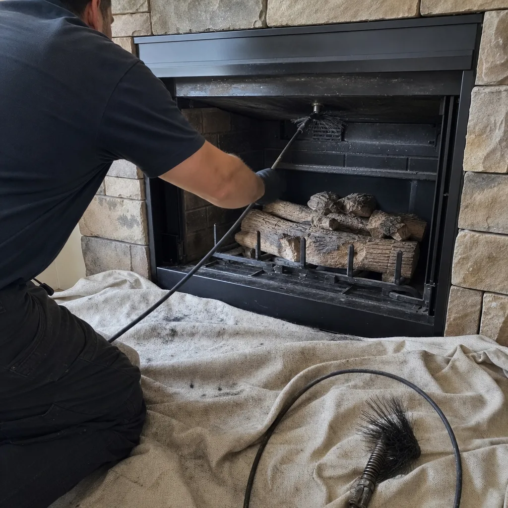 Technician using a rotary brush to clean a gas fireplace insert